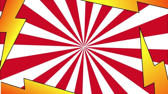 Comic book style red and white sunburst background with yellow lightning bolts