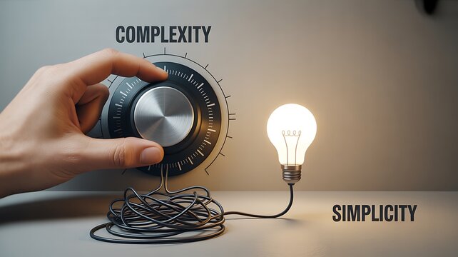 Hand adjusting complexity dial toward simplicity with glowing light bulb