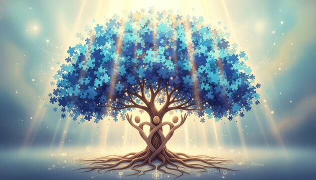 Tree of Connection: Puzzle Pieces Forming Foliage, Symbolic Growth