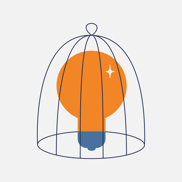 Bright innovation idea locked in the cage. Restriction and sanction in business and economic. Stop innovation and technology blocked. Vector illustration