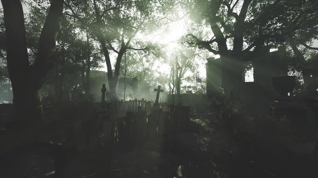 Backlit graveyard walkway with fog and elongated tree silhouettes, scattered headstones behind primitive fence, muted palette and soft sunrise haze, atmospheric