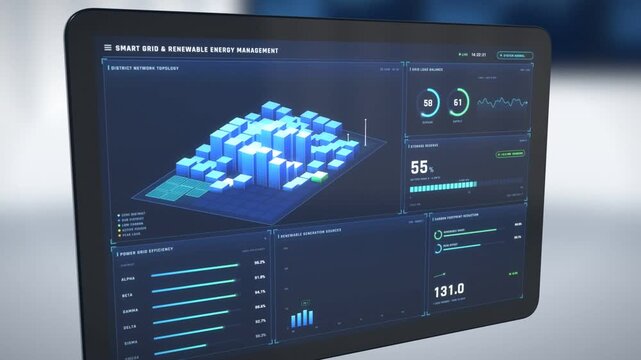 Smart grid dashboard on a tablet, 3D city energy map with wind turbines, peak demand and battery storage