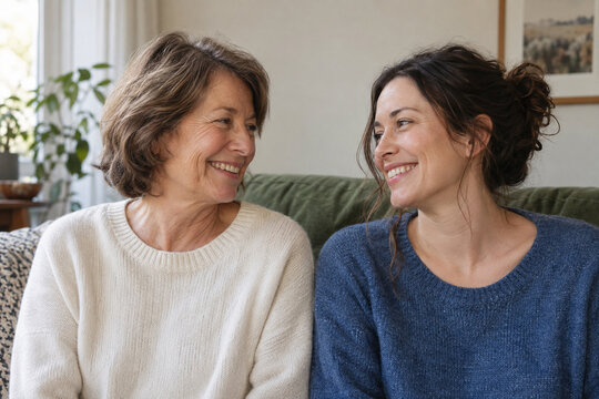 Mature mother and adult daughter sharing a laugh at home