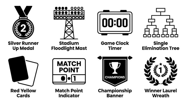 Sports tournament and victory award celebration icons with runner up tournament championship competition runner-up floodlight athletic champions elimination performance countdown lighting