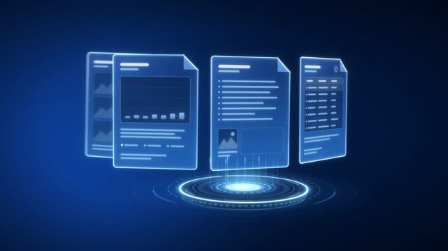 Holographic document stack rising from a glowing platform, pages fanning out and marked verified