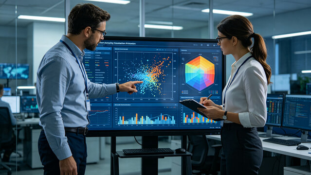 Two Data Analysts Discussing Big Data Dashboard In Tech Office