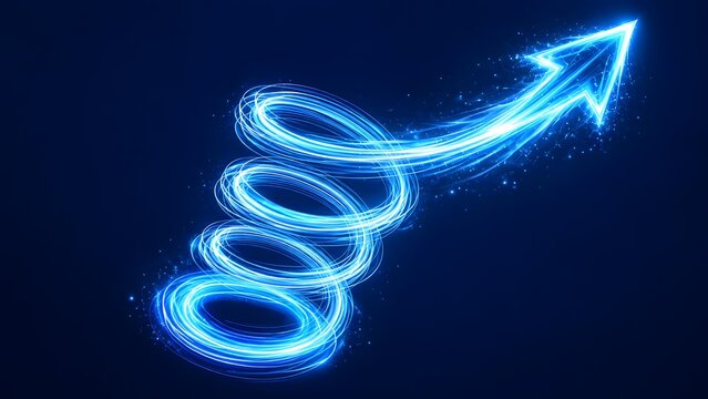 Glowing blue neon light trails forming an ascending spiral coil ending in an upward arrow illustrating compound growth and iterative progress