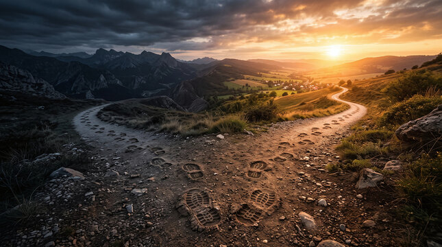 A dirt path splitting into two diverging directions with footprints in a conceptual landscape of choice and decision