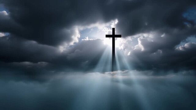 A solitary Christian cross stands silhouetted against a dramatic sky, with divine light rays breaking through ominous storm clouds. ..Created with Generative AI, not depicting real subjects.