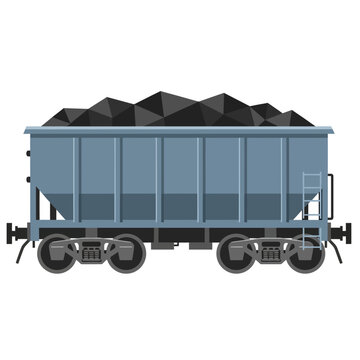 A stylized blue railway hopper car filled with a load of dark angular coal shown in profile on a white background