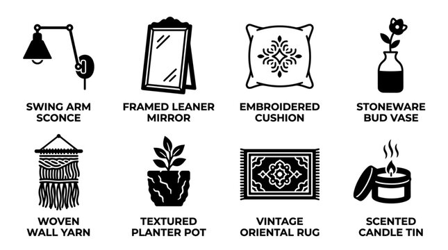 Set of home interior decor and accessories icons for interior design and lifestyle decoration with interior lifestyle furniture accessory embroidered stoneware textured oriental lighting