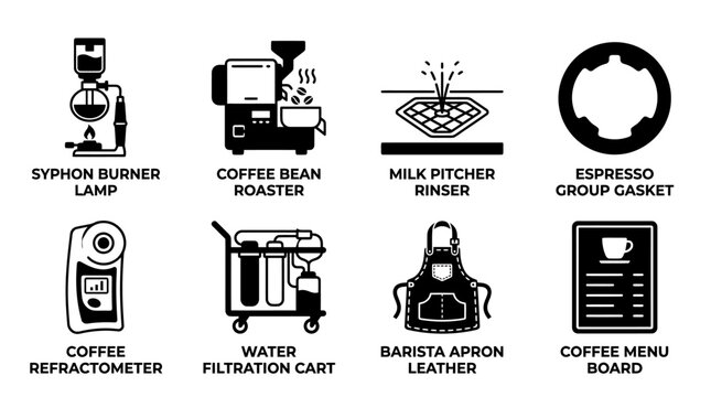 Professional coffee preparation equipment and barista tools collection with espresso equipment refractometer filtration caffeine roasting profession preparation beverage industrial