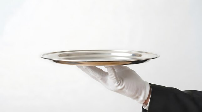 A waiter wearing a black suit and white glove holding an empty silver serving tray isolated on a plain white background, for hospitality