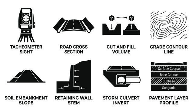 Civil engineering and land surveying construction icons with engineering construction surveying tacheometer embankment pavement infrastructure topography development technical minimalist