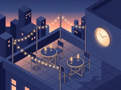 Isometric rooftop terrace cafe with string lights at twilight isometric twilight cityscape furniture architecture