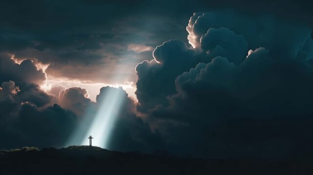 A solitary figure stands silhouetted against a dramatic, storm-laden sky as a piercing beam of light breaks through the dark clouds. ..Created with Generative AI, not depicting real subjects.