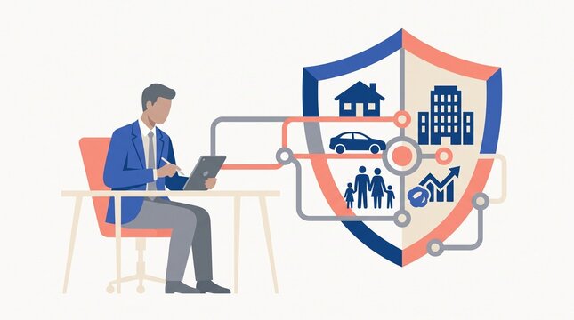 Businessman managing comprehensive insurance and financial protection plan on digital tablet for home, car, family, and investments.