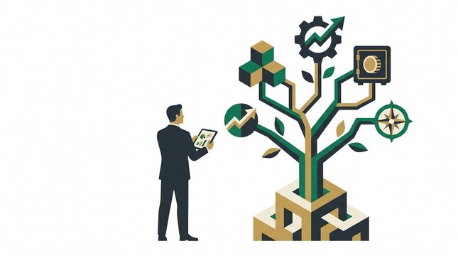 Businessman analyzing a strategic growth tree with data, analytics, and development icons for business planning and success.