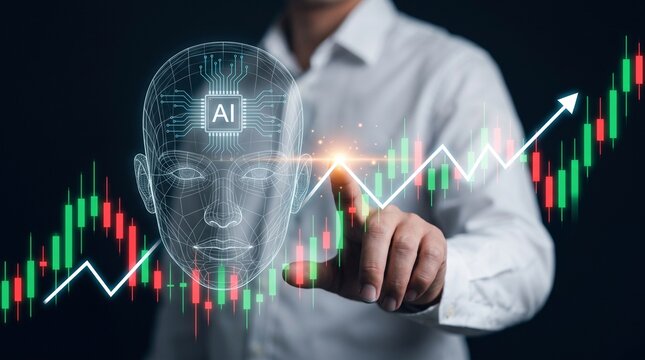 Artificial intelligence stock trader analyzing financial market trends and candlestick charts using a futuristic holographic interface.