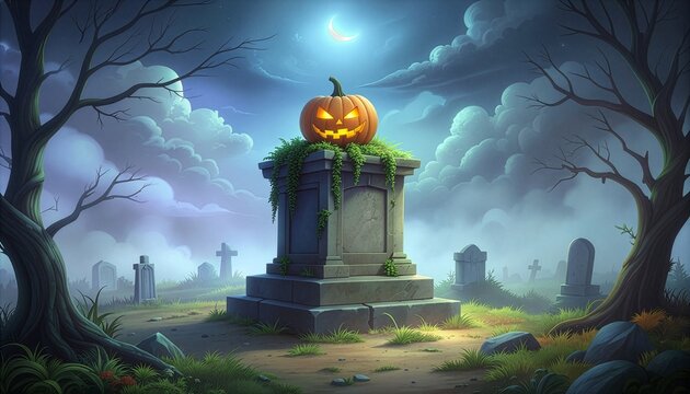 Stylized Glowing Halloween Pumpkin on Stone Altar in Foggy Cemetery