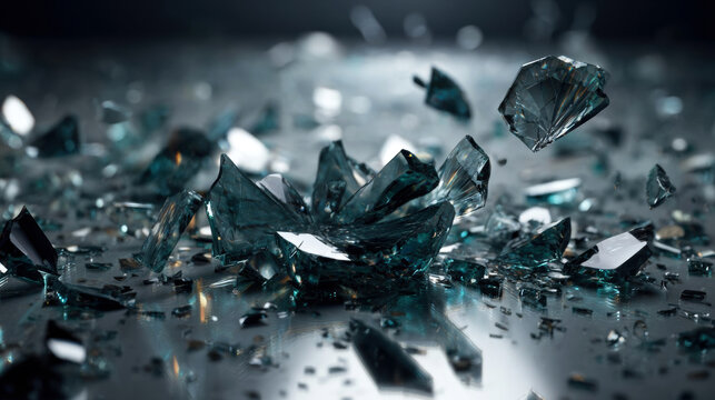 Shattered dark glass fragments scattered across reflective surface with sharp translucent edges and dramatic highlights, abstract broken material closeup