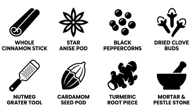 Culinary herbs and spices with food preparation tool icons culinary cinnamon peppercorn cardamom turmeric grinding ingredient seasoning preparation flavoring collection illustration