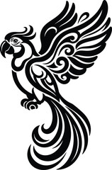 Fototapeta premium An intricate black and white tribal style art illustration of a beautiful macaw parrot depicted in a flying pose.