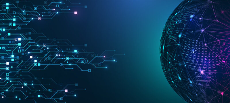 Abstract blue technology background with glowing circuit line pattern. Futuristic vector motherboard texture elements and digital data flow. Modern tech innovation concept.