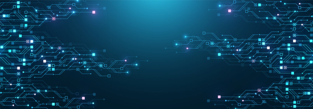 Abstract blue technology background with glowing circuit line pattern. Futuristic vector motherboard texture elements and digital data flow. Modern tech innovation concept.