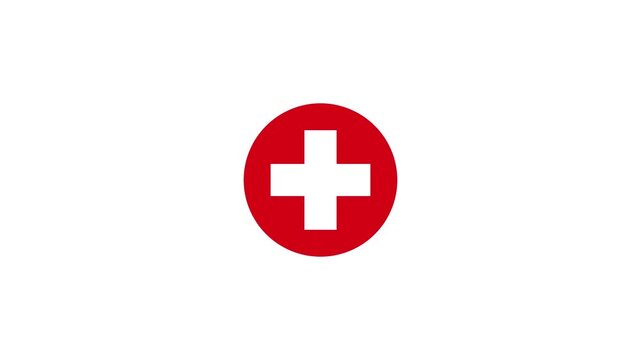 Vivid red circular insignia with a precise white cross, conveying strong associations with health, emergency support, and abstract national representation, on a minimalist white field