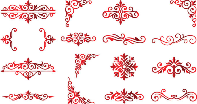Red ornate decorative flourish elements for graphic design and vintage invitations.