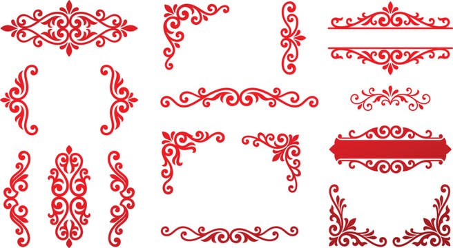 Red ornate decorative flourish elements for graphic design and vintage invitations.