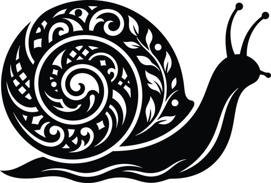 A highly detailed and stylized decorative illustration of a garden snail featuring intricate floral patterns in black.