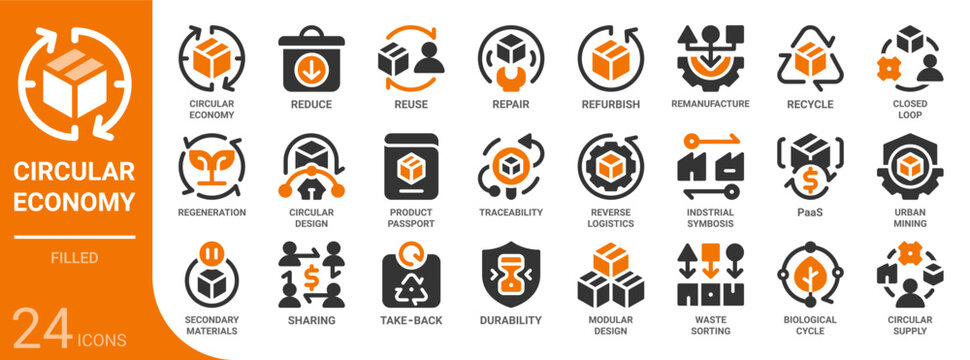 circular economy filled glyph icon collection for web, app, UI, UX, dashboard, presentation and infographic and print design