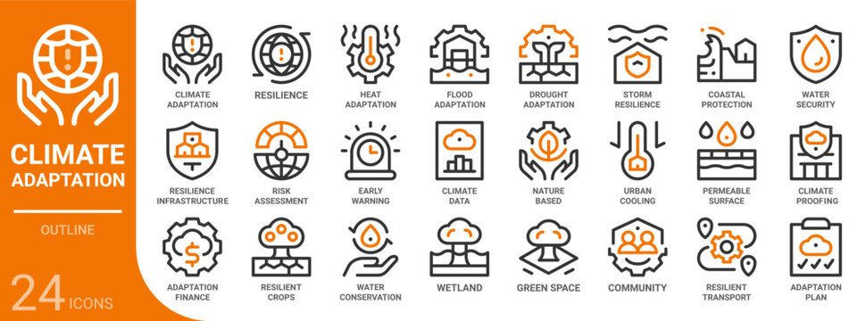 climate adaptation outline icon collection for web, app, UI, UX, dashboard, presentation and infographic and print design