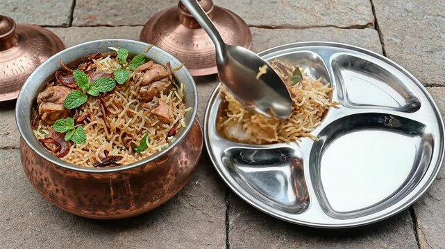 Serving Delicious Indian Chicken Biryani from Traditional Copper Handi