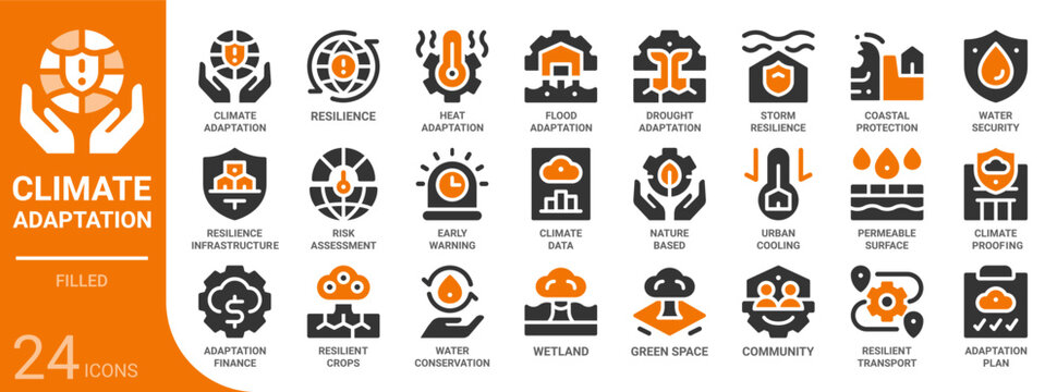 climate adaptation filled glyph icon collection for web, app, UI, UX, dashboard, presentation and infographic and print design