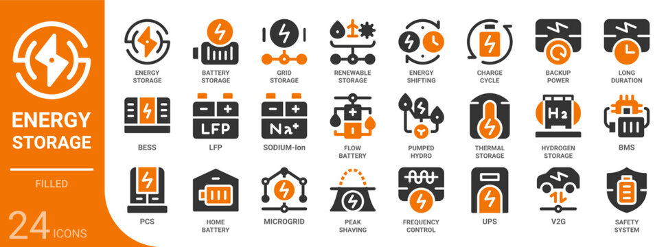 energy storage filled glyph icon collection for web, app, UI, UX, dashboard, presentation and infographic and print design