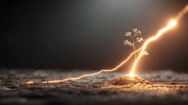 A fragile sapling emerges from barren earth, struck by a powerful bolt of lightning. ..Created with Generative AI, not depicting real subjects.