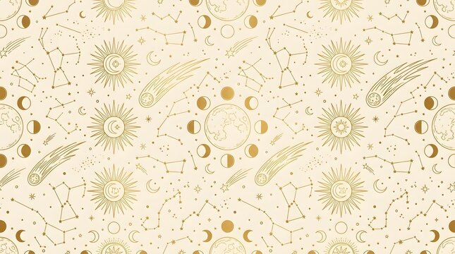 Celestial seamless pattern featuring golden constellations, sun, moon phases, and comets on a light beige background. A mystical, cosmic design.