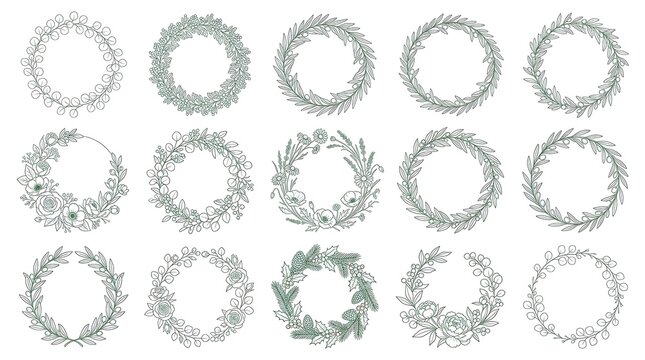 A collection of fifteen different decorative floral and leaf wreaths, presented in a single image with a subtle green hue. The wreaths feature various designs.