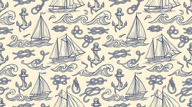 A nautical pattern featuring sailboats, anchors, waves, and knots in a vintage sketch style. The design evokes a sense of maritime adventure and classic seafaring aesthetic