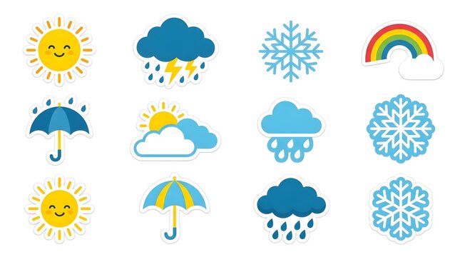 A collection of weather icons including sun, cloud, rain, snowflake, umbrella, and rainbow