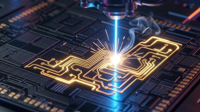 Macro video of a glowing blue laser etching golden circuit patterns onto a dark silicon microchip. Tech concept.