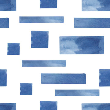Seamless pattern of blue squares, stripes, and rectangles on a transparent background.