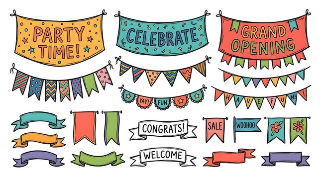 A collection of colorful banners, bunting flags, and ribbons with various celebration messages such as Party Time!, Celebrate, Grand Opening, Congratulations, Sale, and Welcome.