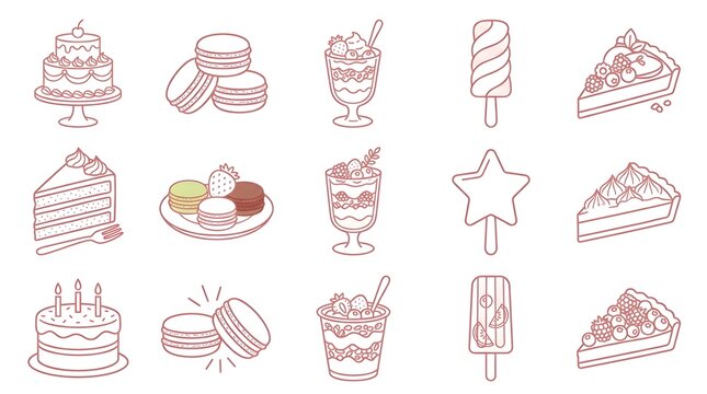 A collection of sweet desserts, including cakes, macarons, ice cream, and parfaits, rendered in a charming line art style
