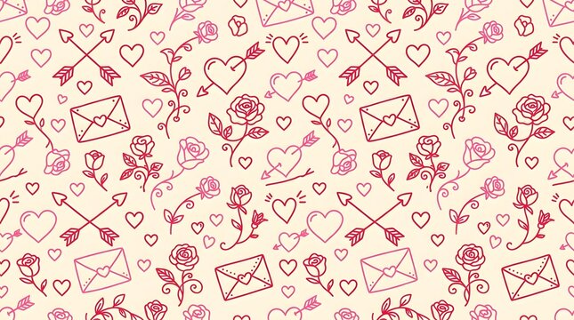Valentine's Day seamless pattern with hearts, roses, arrows and envelopes in red and pink tones on a beige background