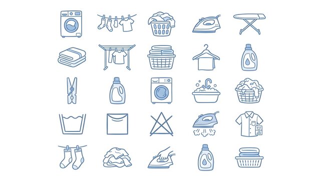 A collection of line art icons depicting various aspects of laundry and household chores, rendered in a consistent blue color scheme