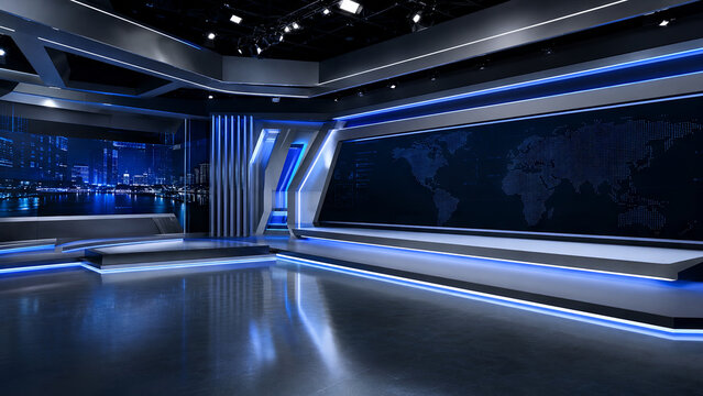 Tv Studio. Blue studio. Backdrop for TV shows .TV on wall. News studio. The perfect backdrop for any green screen or chroma key video or photo production. 